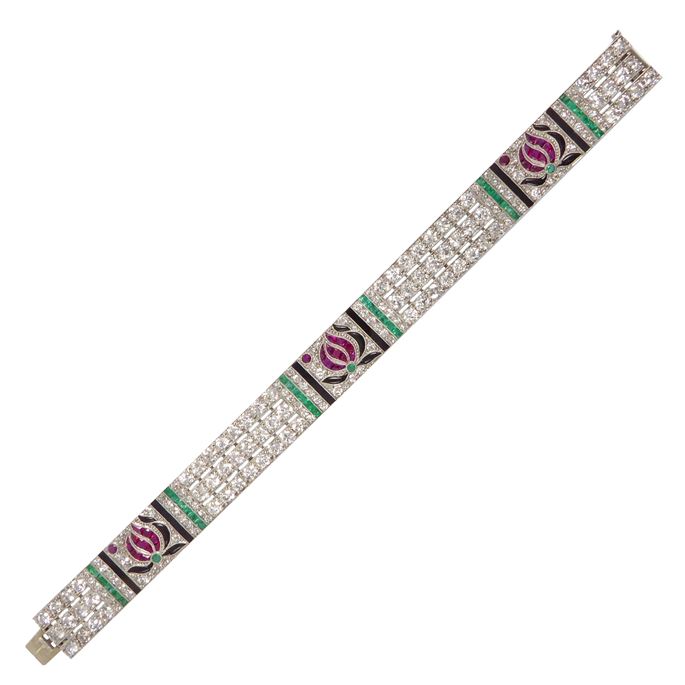 Art Deco diamond and gem set geometric flower strap bracelet | MasterArt